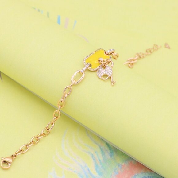 "Rose Gold Bracelet with Yellow Charm and Crystal Lock & Key, XPBL0890 - Picture 6 of 12
